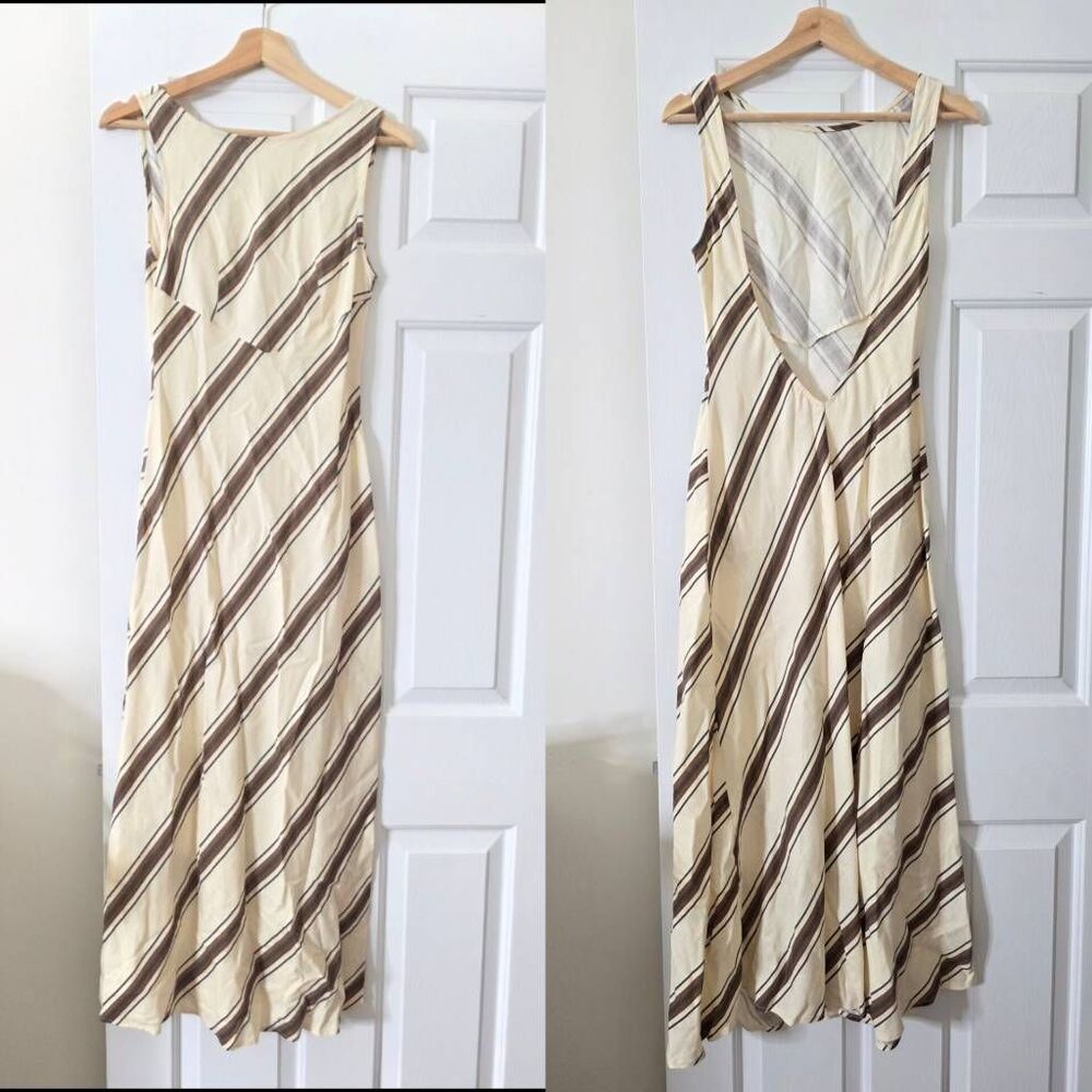 VRG GRL Opal Linen Maxi Dress Open Back Striped Cream Brown Size 8 - Picture 2 of 10